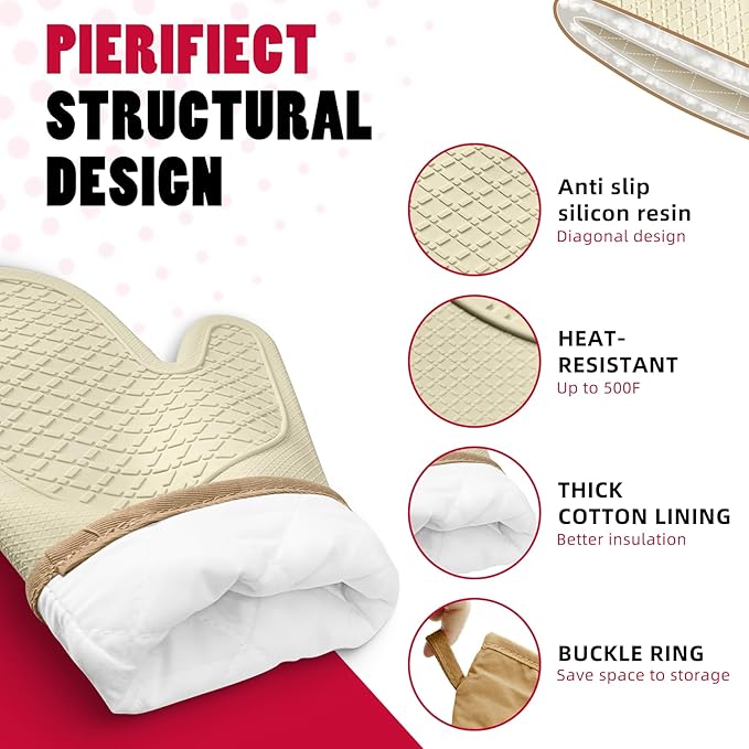 Silicone Oven Mitts，Heat Resistant up to 500°F, Oven Gloves with Soft Lining, Non-Slip Kitchen Essentials, Kitchen Gadgets, Apartment Essentials, Great Gift for Cooking (beige-1pair)