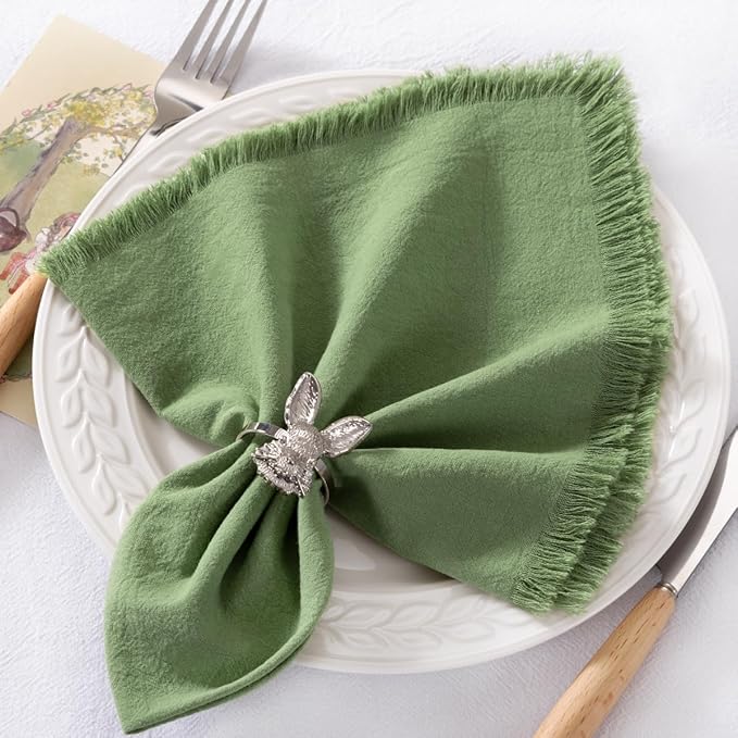 DeZerlor 12 Pack Sage Green Cotton Linen Napkins with Fringe Spring Cloth Napkins Set of 12 Boho Handmade Dinner Napkins Bulk for Wedding Bridal Baby Shower Parties, 17 x 17 Inches