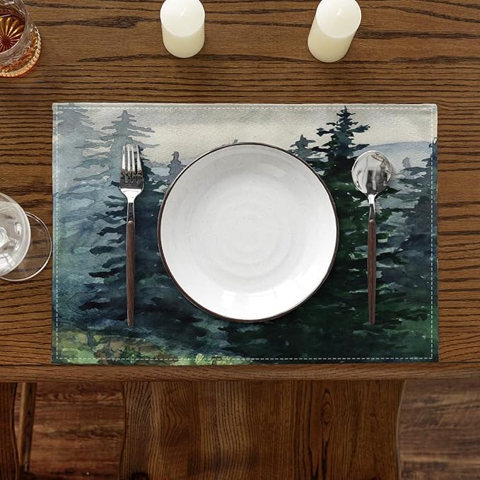 Ansouyi Placemats Set of 6, Green Watercolor Landscape Pine Forest Washable Heat Resistant Linen Table Mats, Kitchen Decor Non-Slip Place Mats for Party Dining, 12x18 Inch