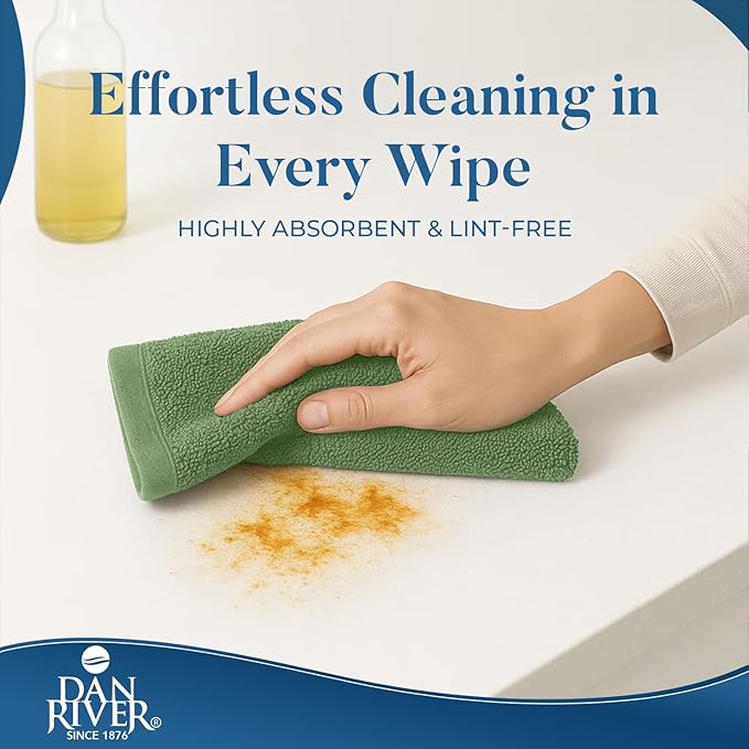 DAN RIVER Kitchen Bar Mops,Pack of 12,16 by 19 Inches,100% Cotton Super Absorbent,Multi-Purpose Cleaning Towels for Home and Kitchen Bars-Sage Green