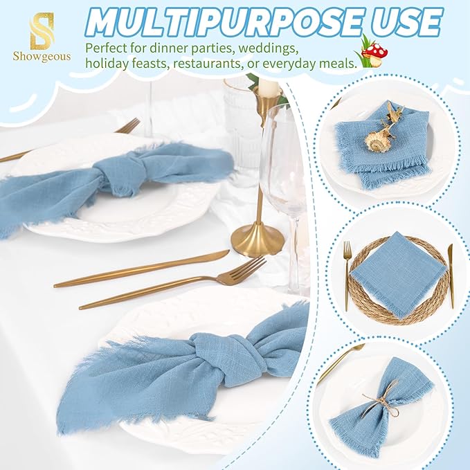 Showgeous 30 Pack Dusty Blue Cloth Napkins with Fringe 16x16 inch 100% Cotton Blue Napkins Handmade Dinner Napkins Bulk Washable Soft Rustic Table Napkins for Wedding Parties Bridal Baby Shower
