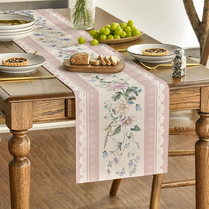 Artoid Mode Pink Printed Lace Floral 210 GSM Spring Table Runner, Seasonal Summer Kitchen Dining Table Decoration for Home Party Decor 13x72 Inch