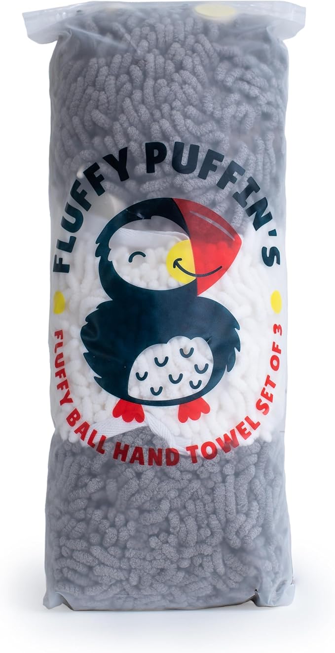 JJ KENT Fluffy Puffins Microfiber Hand Towels - Set of 3 Fluffy Hand Towels with Wall Hook Attachment - Quick and Easy Hand Drying Puffs