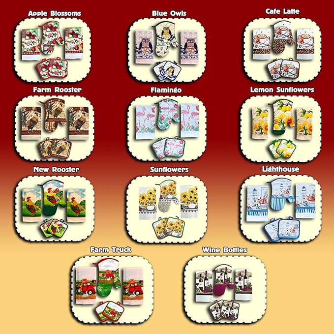 Lobyn Value Packs: Decorative & Functional Rustic Rooster Kitchen Set – 5 Piece Kitchen Towel Set with 2 Decorative Dish Towels (25 X15), 1 Oven Mitt (11 X 7) and 2 Potholders (6.5 X 6.5)