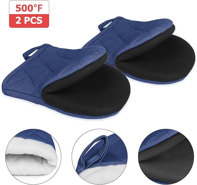Short Oven Mitts, Heat Resistant 500°F, Silicone Grip Kitchen Gloves, Non-Slip for Baking, Grilling, BBQ, Machine Washable with Hanging Loop, 2-Pack Set, Denim Blue