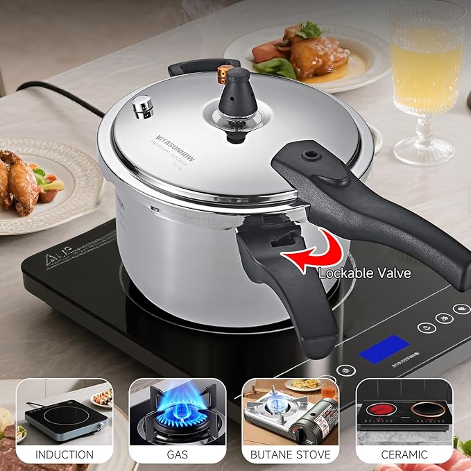 Stainless Steel Pressure Cooker with Steamer Basket, Faster Cooking and Safety Pressure Release (9-Liter)