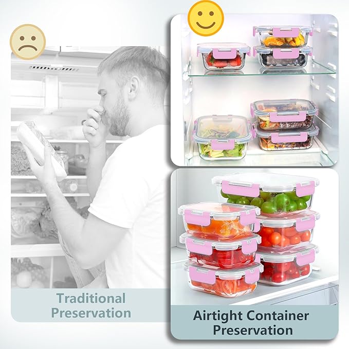 12 Pack Glass Meal Prep Food Storage Containers with Lids Airtight Stackable, Microwave, Oven, Freezer and Dishwasher Safe(Pink)
