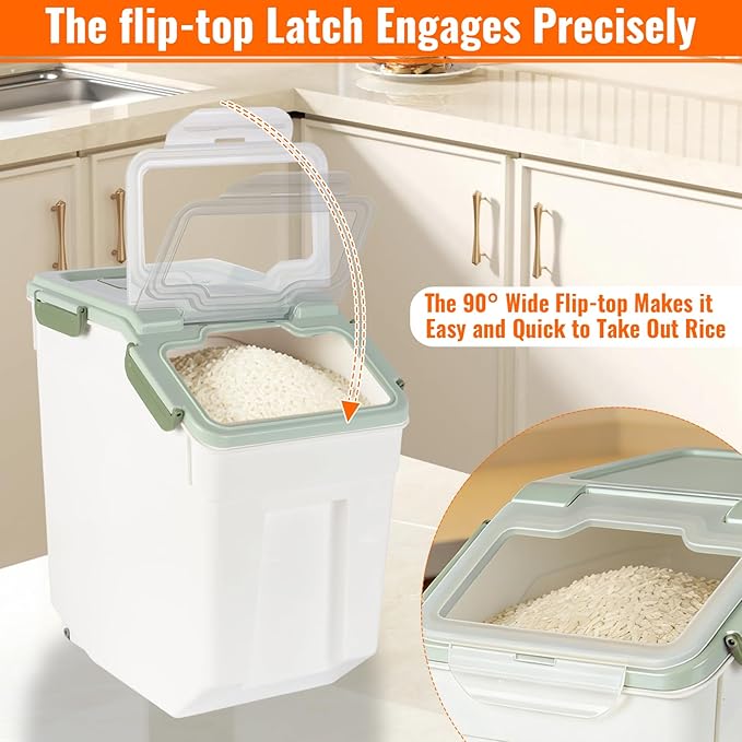 4 Pack Rice Container 25 lbs Large Bulk Flour Sugar Storage Holdhouse Plastic Grain Cereal Dry Goods Bin with Spoon and Measuring Cup for Kitchen Pantry Organization - Green