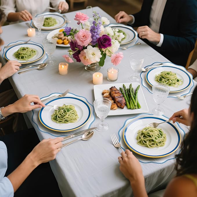 Set of 6 Scallop Linen Placemats, 15 Inch Blue and White Round Placemats Cotton Linen Table Mats Handcrafted Machine Washable Wrinkle Free Dining Placemat for Hotel Restaurant Kitchen