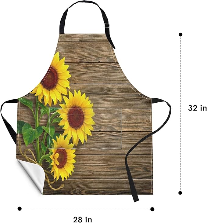 Britimes Apron Home Kitchen Cooking Baking Gardening for Women Men with Pockets Autumn Sunflowers Wooden Board Flower 32x28 inch