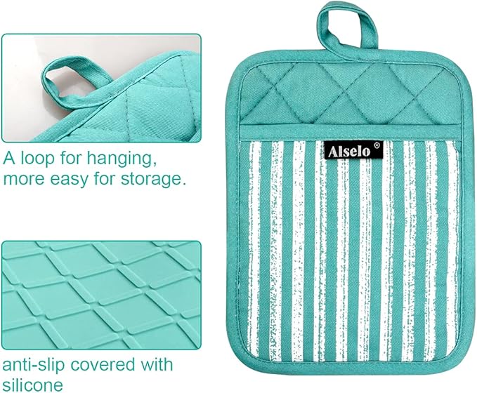 Alselo Silicone Pot Holders Set of 3 Heat Resistant & Non Slip Potholders, Professional Oven Hot Pads with Pockets Mitts for Kitchen Cooking Baking Barbecue