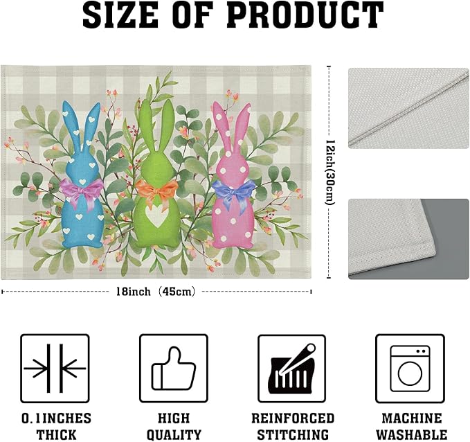 Easter Placemats Set of 4，Bunny Rabbits Green Leaves Table Kitchen Mat 12x18 Inch Floral Spring Decor Holiday Table Mats for Seasonal Party Kitchen Dining Decoration
