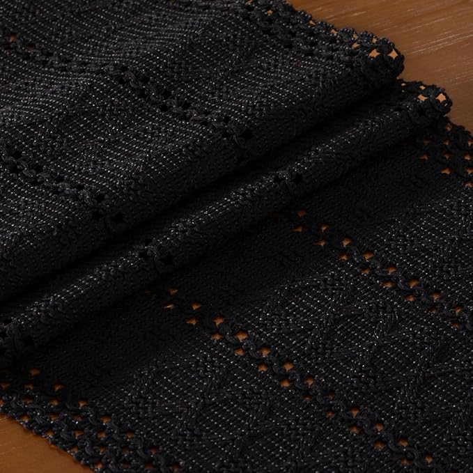 DeZerlor Boho Macrame Table Runner Spring Easter Farmhouse Woven Table Runner with Tassels 72 Inches Halloween Black Cotton Linen Kitchen Table Decor for Dining Dresser Home Tea Table Decor
