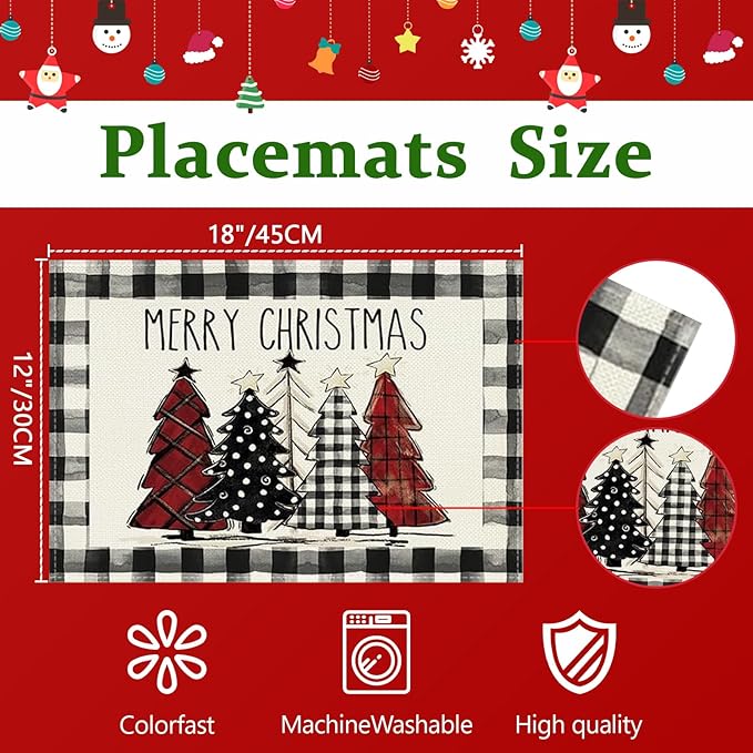 Bloss Christmas Placemats Set of 6,Red and Black Buffalo Plaid Christmas Trees Table Placemats,12x18 Inch Seasonal Winter Xmas Holiday Kitchen Dining Tables Mats for Indoor Outdoor Home Party Decor