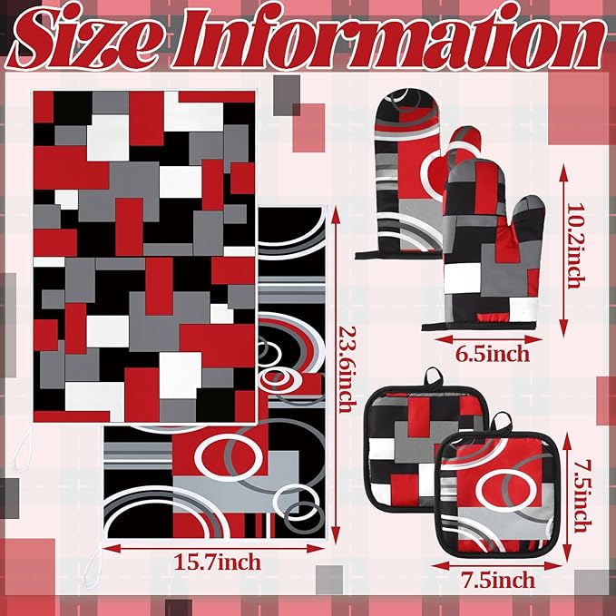Jingmore 6 Pcs Kitchen Decor Set Accessorie Farmhouse Kitchen Towels Pot Holders Oven Mitts Set 2 Dish Towels 2 Pot Holders 2 Cooking Mittens Oven Glove for Cooking(Red and Black,Geometric)