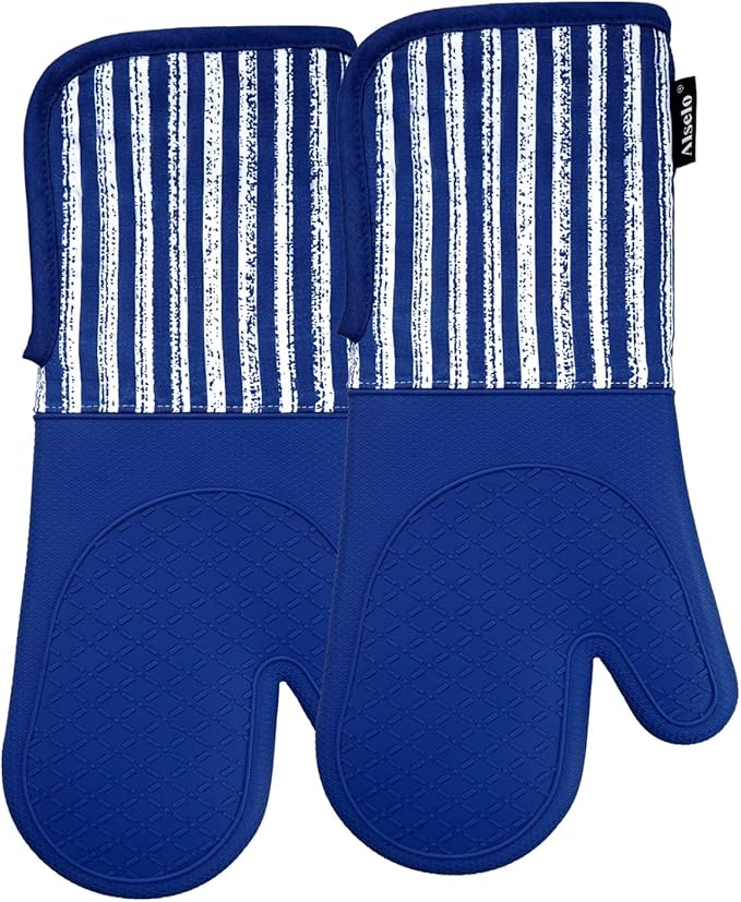 Alselo Silicone Oven Mitts Heat Resistant 932℉ with Waterproof & Non-Slip Kitchen Mittens, Set of 2 Extra Long Oven Gloves with Soft Cotton Terry Lining for Baking Cooking Barbecue (Cobait Blue, 2)