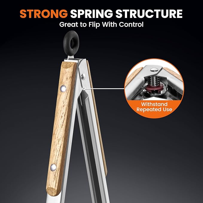 17-Inch Grill Tongs - Locking Metal Tongs with Oak Wood Handles,Stainless Steel Kitchen Tongs for Cooking,Long Tongs for Grilling,BBQ,Serving and Outdoor Barbecue,Heavy Duty,Heat-Resistant and Durable