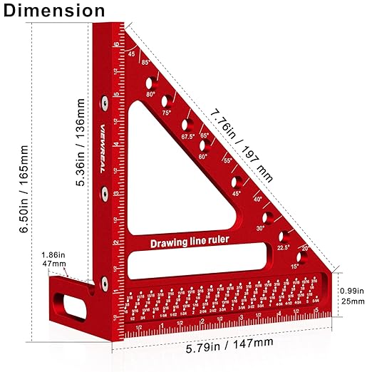 Large Carpenter Square 6.5''x5.79''Protractor Ruler with 3D Multi-Angle Measuring and Scribing Features with Anti-Lost Pin for Accurate Woodworking & Construction