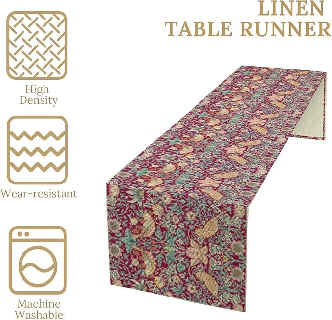 William Morris Floral Table Runner Strawberry Thief Vintage Flower Red Art Printed Dinner Runner for Home Kitchen Dining Table Living Room Decor Fabric 1 Panel W13xL60in