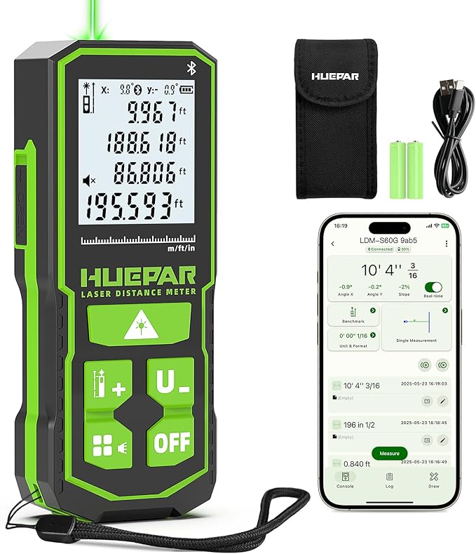 Laser Measuring Tool with Bluetooth APP, 200ft, ±1/16" High Accuracy, Huepar Rechargeable Green Beam Laser Distance Meter Multiple Measurement Modes, IP54 Durable for Home & Construction