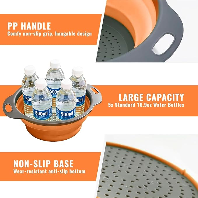 Collapsible Colander Set of 2, Folding Kitchen Strainers with Handles, Space-Saving Over-the-Sink Drainers for Pasta, Veggies & Fruit, BPA-Free, Dishwasher Safe, RV & Camping (Orange)