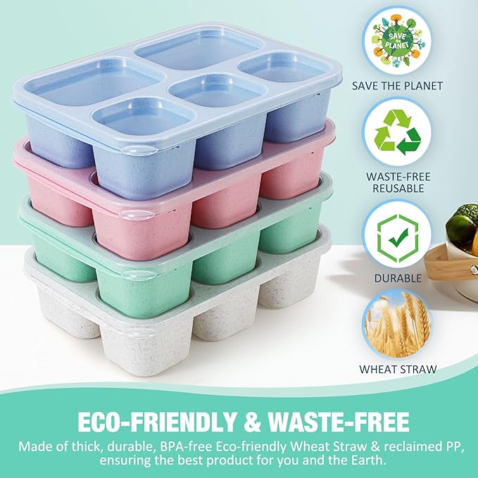 Caperci Wheat Straw Bento Snack Box Containers for Adults & Kids - Reusable Adult Lunchable Food Storage Containers with 5-Compartment for Snacks & Meals, BPA-Free, 4-Pack (Multicolor & Clear Lids)