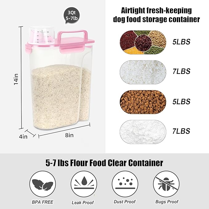 LEAWALK Airtight 10LBS Rice/Cereal/Dry Food Storage Container BPA Free, 5.28Qt Clear Plastic Kitchen and Pantry Organization Bin Suitable for Oats, Flour, Sugar, Pasta, Pet Food, etc (Clear Pink)