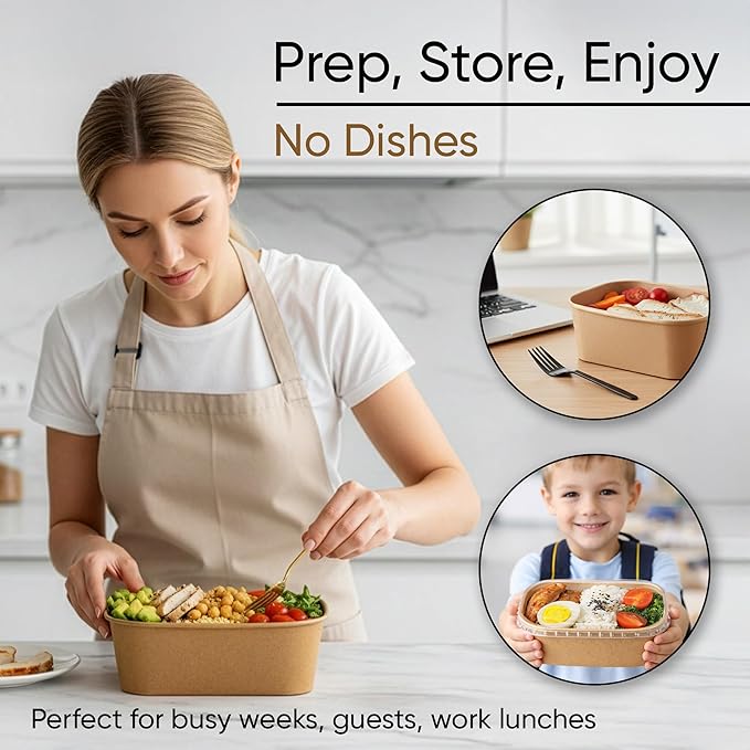 Leafiew 50 Pack 35Oz Disposable Meal Prep Containers With Lids - Microwave and Freezer Safe Kraft Paper Bowls with Lids and Forks - Disposable Food Containers - To Go Bowls for Food Prep and Salad