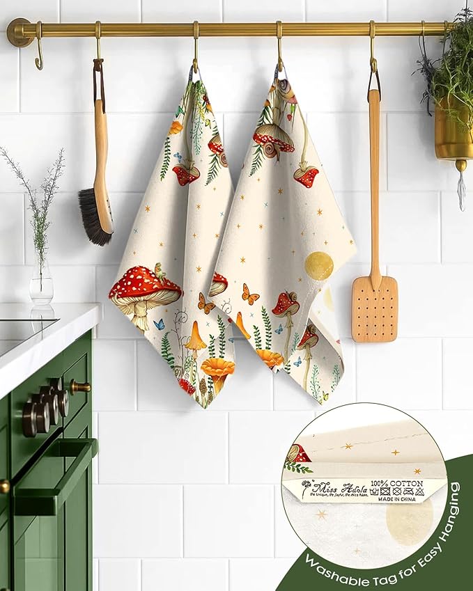 Miss Adola Flour Sack Kitchen Towels - Set of 2 Spring Dish Towels with Hanging Loop 18x26 Inch Absorbent Reusable Cotton Cloths for Cleaning Cute Design Home Decorative Housewarming, Mushroom Moon