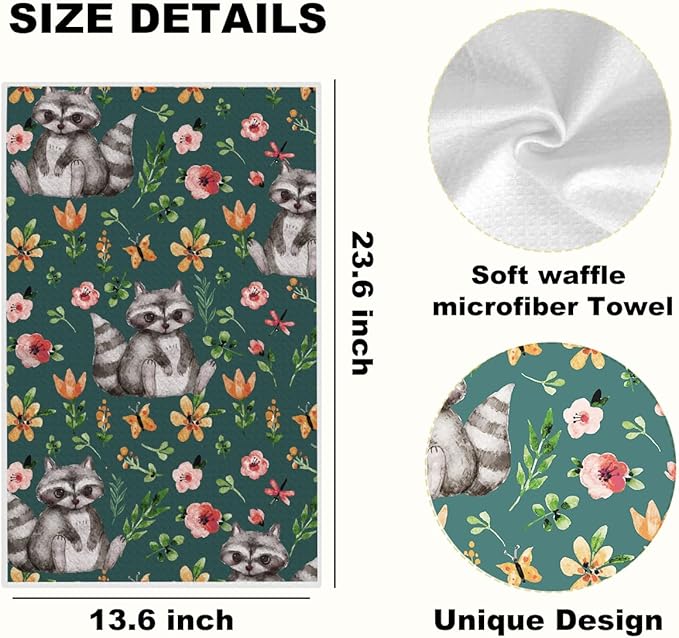 3Pcs Animal Flower Kitchen Towels, Fox Bunny Microfiber Dish Cloth Tea Towel, Reusable Waffle Hand Towels for Bathroom kitchen Home Farmhouse Decor, Raccoon Gifts for Women Mom Friend, 24x14 Inch