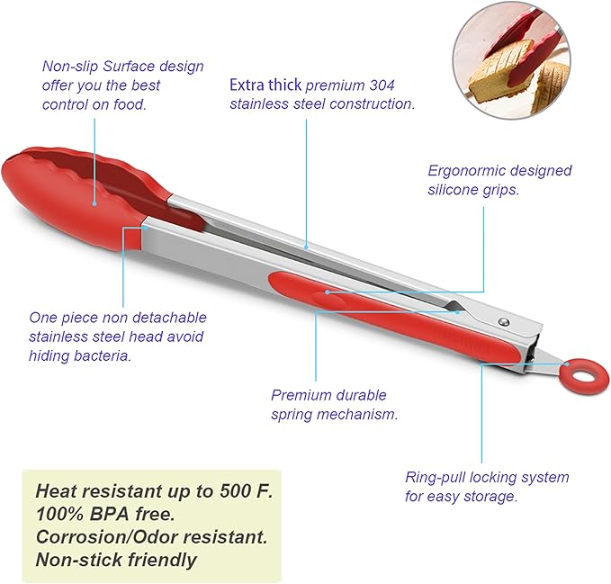 3 Pack Red Kitchen Tongs, Premium Silicone BPA Free Non-Stick Stainless Steel BBQ Cooking Grilling Locking Food Tongs, 9-Inch 10-Inch & 12-Inch