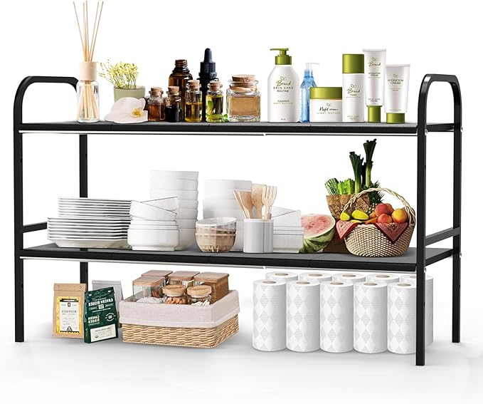 Expandable 2-Tier Under Sink Organizer, 8 Removable Plastic Boards, Tool-Free Installation (Black, 2-Tier 8 Boards)