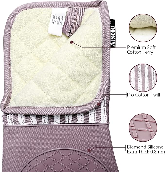 Alselo Silicone Oven Mitts Heat Resistant 932℉ with Waterproof & Non-Slip Kitchen Mittens, Set of 2 Extra Long Oven Gloves with Soft Cotton Terry Lining for Baking Cooking Barbecue(2, Purple Mitts)