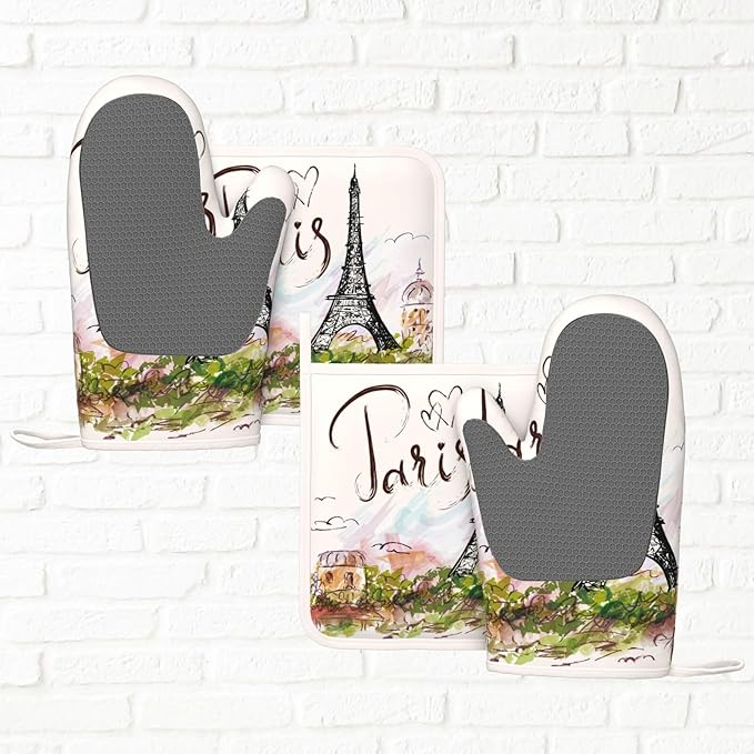 Pretty Romantic Paris Eiffel Tower Oven Mitts and Pot Holders Sets of 4, Heat Resistant Silicone Oven Mittens and Potholders Gloves Hot Pads for Kitchen Cooking Baking Grilling BBQ Chef