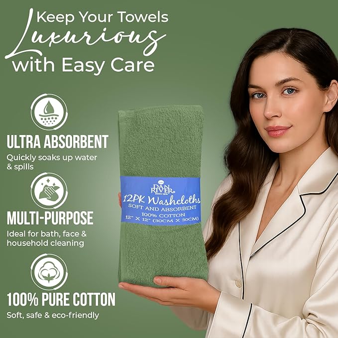 DAN RIVER 12 Pack Wash Cloths for Showering [12x12] - 100% Cotton Washcloths Premium Quality Flannel Face Cloths for Bathroom, Highly Absorbent and Soft Feel Wash Clothes, Sage Green