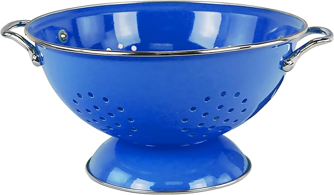 Reston Lloyd, 3 Quart Powder Coated Steel Kitchen Strainer Basket for draining Pasta, Vegetable and Fruit, Chrome Handles and Wide Stable Base, Azure