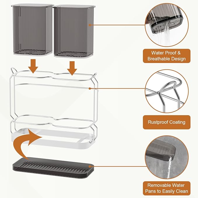 Utensil Holder Counter, 6.7" Plastic Silverware Caddy, Utensil Holder for Party, 2 Cup Flatware Organizer for Kitchen Wall Mount, Forks Spoons Knives Storage with Drain Tray (Black)