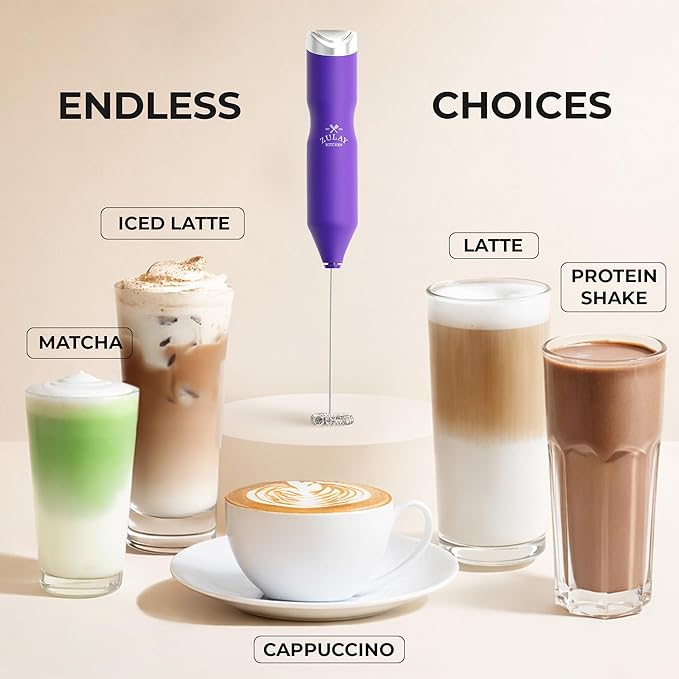 Zulay Kitchen Powerful Frother Wand AA Batteries Included, Ultra Fast Handheld Drink Mixer, Comfort Milk Frother, Stainless Steel Whisker, Frother Handheld for Coffee, Protein & Matcha - Frothmate 2.0