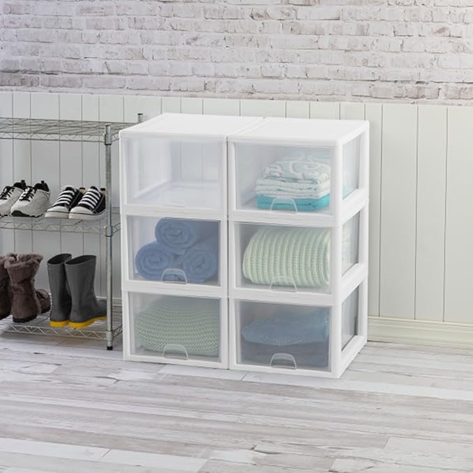 Sterilite 12-Pack 27 Quart Stacking Drawer, Clear Storage Closet Organizer, White Frame - Stackable Modular Plastic Drawers for Clothes, Accessories, Craft Supplies, Shoes or Linens