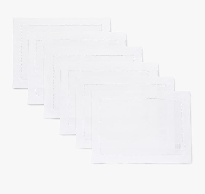 Solino Home Linen Cloth Placemats Set of 6-100% Pure Linen Hemstitch White Placemats 14 x 19 Inch - Classic Hemstitch Table Place Mats for Mothers Day, Spring, Summer, Memorial Day