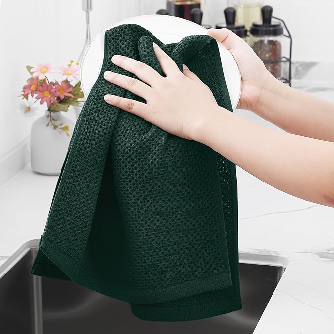 Homaxy 100% Cotton Waffle Weave Kitchen Towels, 3-Pack Ultra Soft Absorbent Dish Towels, Quick Drying Cleaning Towels, 13 x 28 Inches, Blackish Green