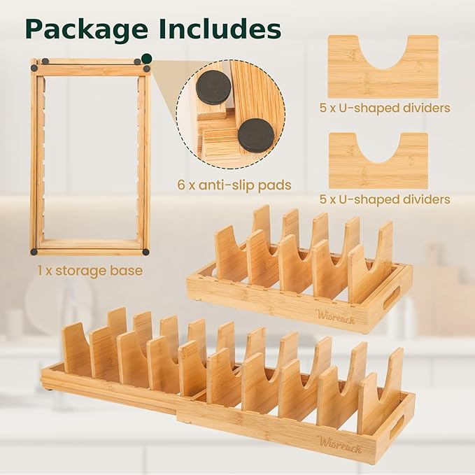 Wisreach Bamboo Pot Lid Organizer, Adjustable Kitchen Organizer for Cabinet, Expandable Pot and Pan Storage Rack, Kitchen Organization for Lids, Bakeware, and Cutting Boards