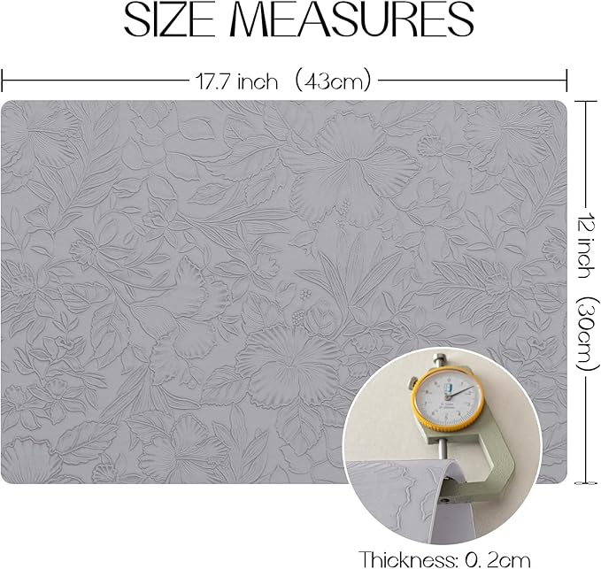 Romanstile Vinyl Placemats Set of 8-12 X 17 Inch - Heat Resistant Non-Slip Embossed Floral Place Mats 100% Waterproof Oilproof Wipeable Faux Leather Table Mats for Kitchen/Dining/Party, Grey