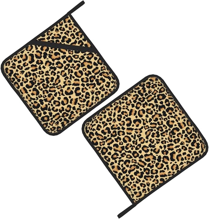 Pot Holders 2PCS Brown Leopard Print, Animal Skin Potholder for Kitchen Heat Resistant Microwave Cooking Baking Oven End Dishes and BBQ