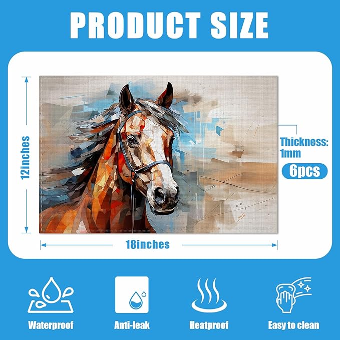 Abstract Horse Placemats Set of 6, Washable Linen Place Mat Heat Resistant Non Slip Kitchen Dining Table Mats 12x18 Inch