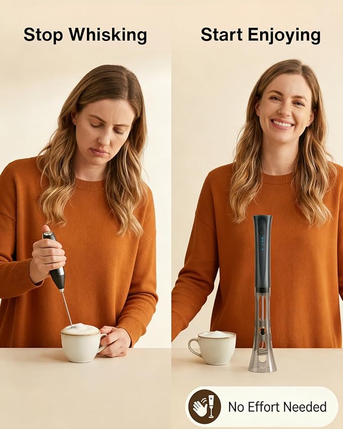 Milk Frother Handheld Rechargeable, Low Noise Electric Coffee Frother Wand with Stand, Stainless Steel Shaft, Anti-Accidental Start, 2 Double Coil Whisks, Kitchen Gifts