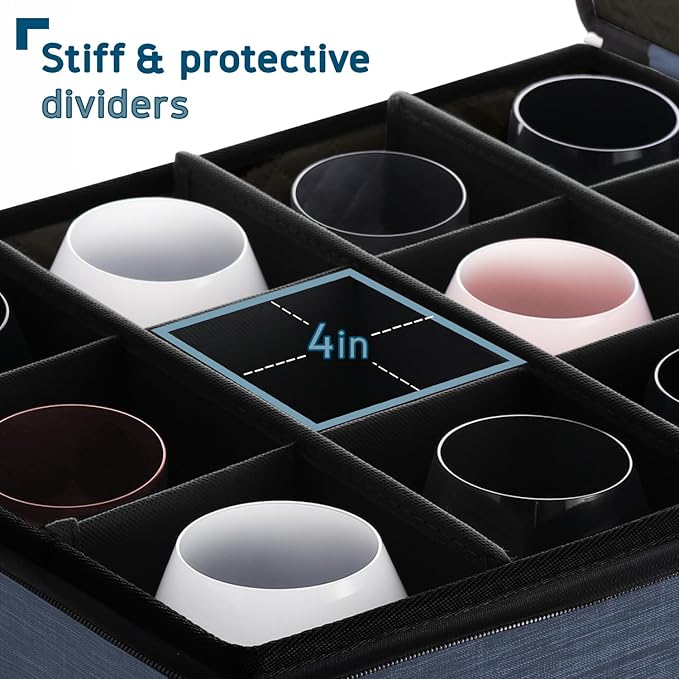 Hearth & Harbor Wine Glass Storage Box with Dividers, Quilted and Stackable Stemware Storage Cases, Service of 12 Glass China Container Hard Shell for Moving and Organization, Blue