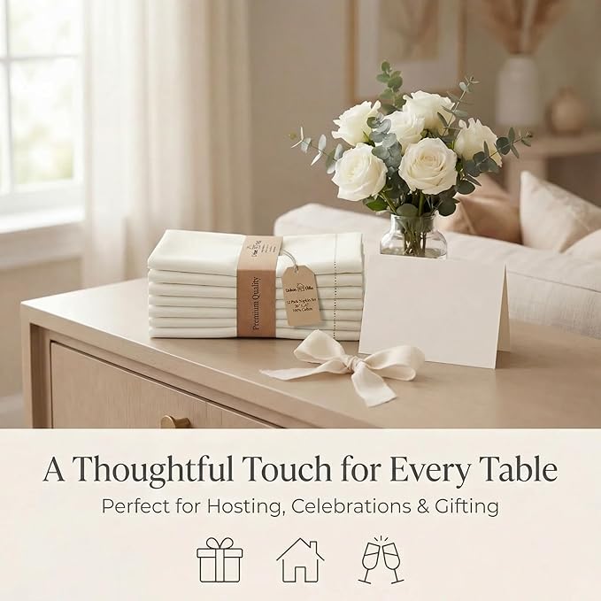 Urban Villa Cloth Napkins Ivory Hemstitch Dinner Napkins Set of 12 (20X20)100% Cotton Absorbent Washable Durable Reusable Ideal for Easter Decorations Farmhouse Parties Restaurant Lunch Dinner Napkins