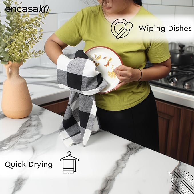 Encasa XO Cotton Kitchen Towel Set | Hand and Tea Cloth for Cleaning & Quick Drying, X-Large 28"x18" (Pack of 4) Highly Absorbent - Buffalo Black Checks