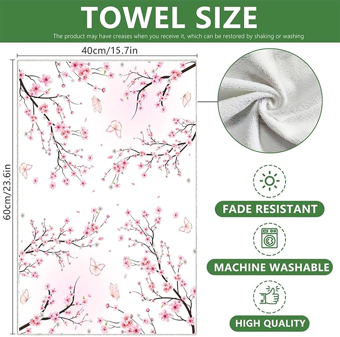 Cherry Blossom Pink Butterfly Kitchen Towel 2 Pcs Decorative Hand Towel Absorbent Dishcloth 16”X 24”